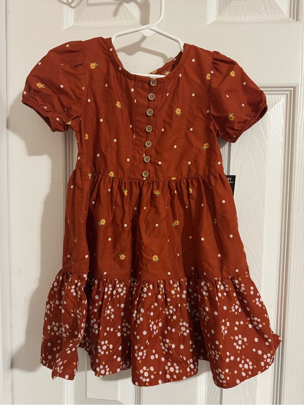 okie dokie Rust Floral Button-Front Tiered Dress